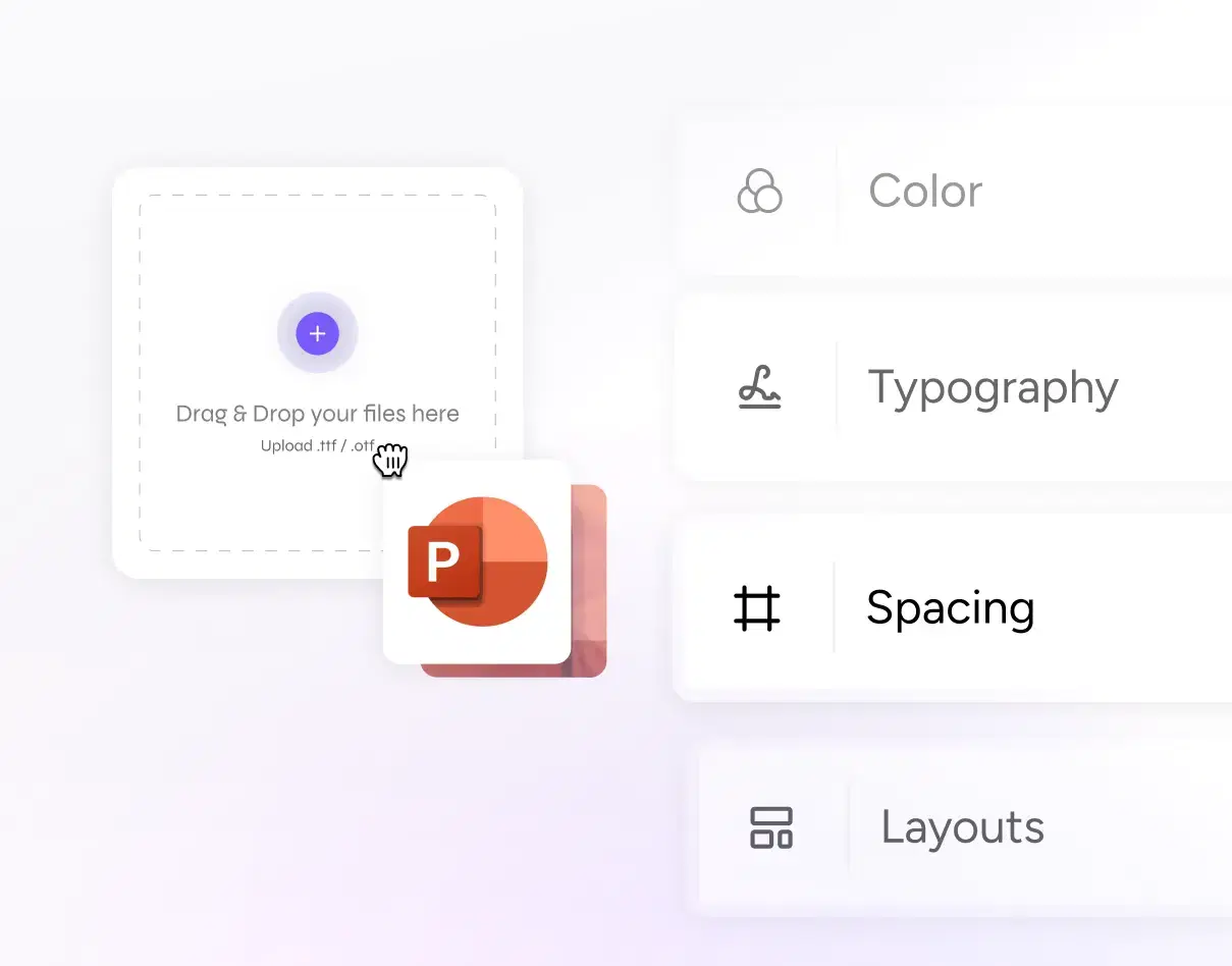 Brand controls for fonts, colors, typography, spacing, and slide layouts
